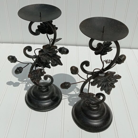 Metal Bronze Acorn Grape Leaf Candlestick Pair Pillar Candle Holder Thanksgiving - Picture 2 of 16